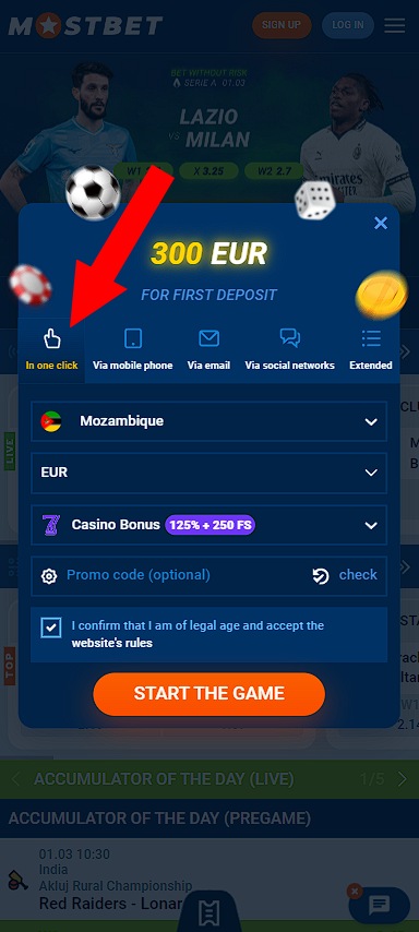 One-click registration at Mostbet